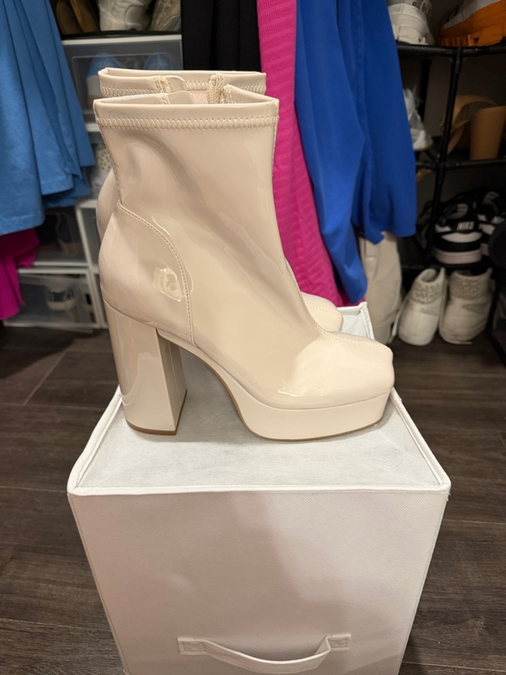 Steve Madden Cream Patent Platform Ankle Boots
